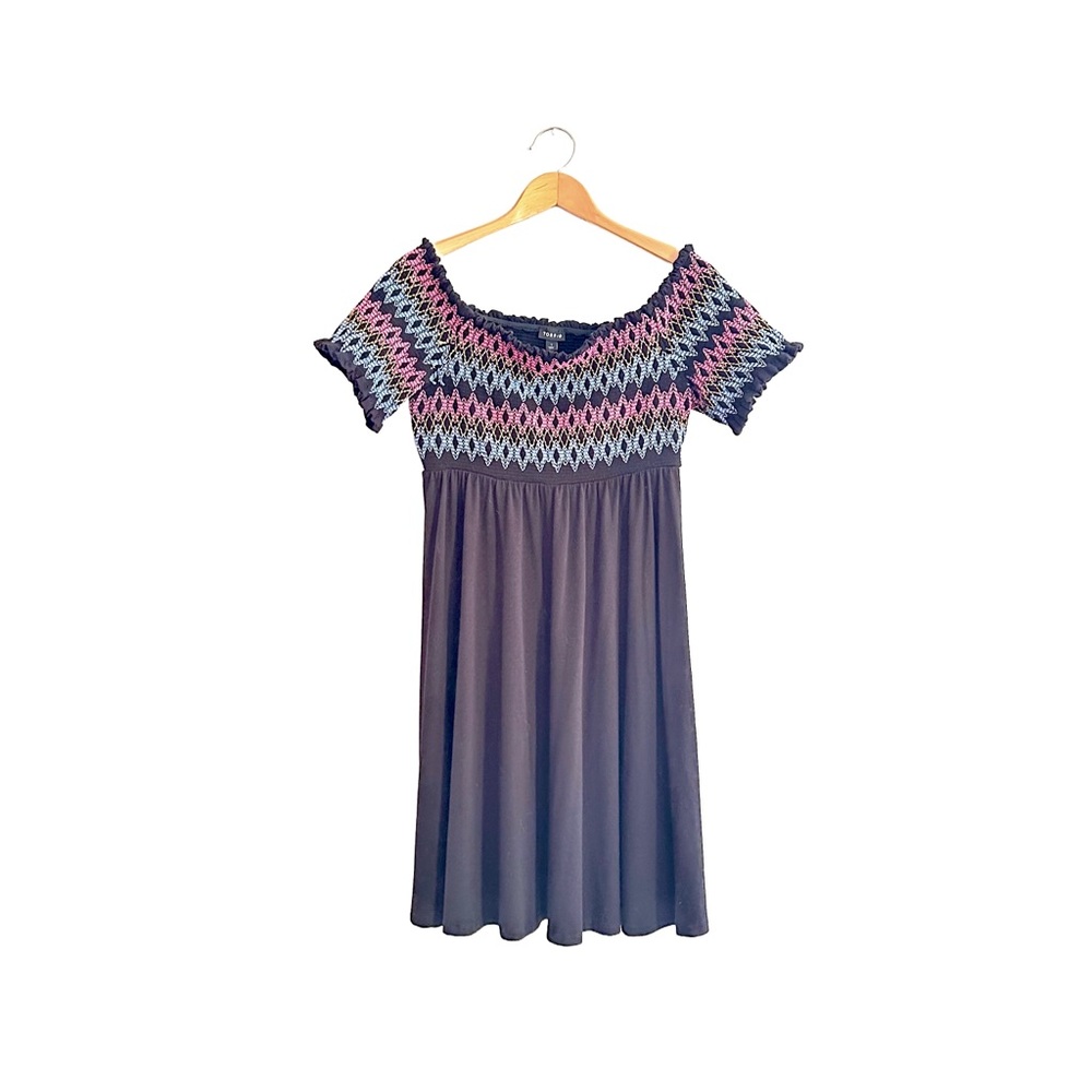 Torrid Embroidered Smocked Off The Shoulder Black + Multicolor Jersey Dress 1 1X